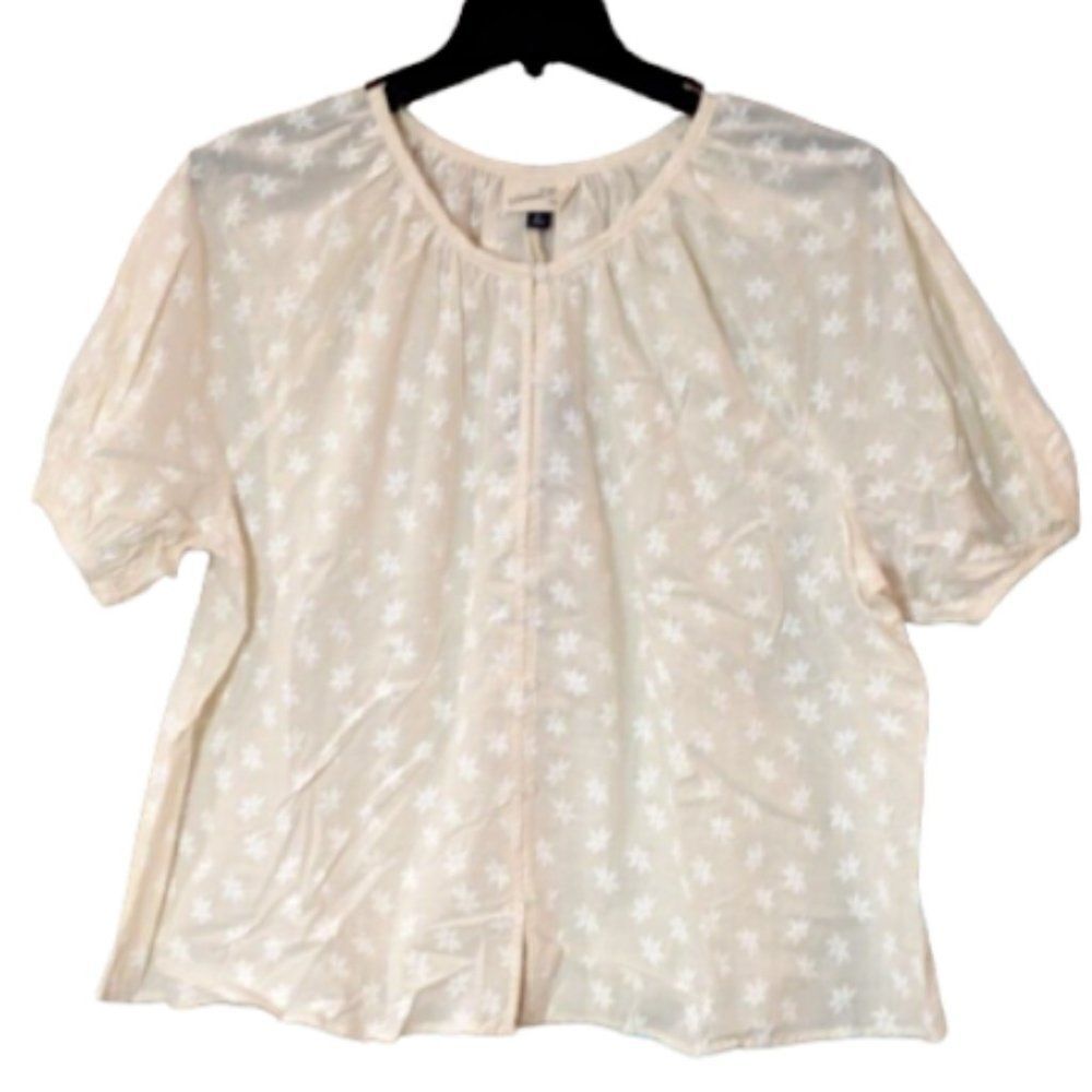Universal Thread Womens Cream White Floral Puff Sleeve Button Front Top